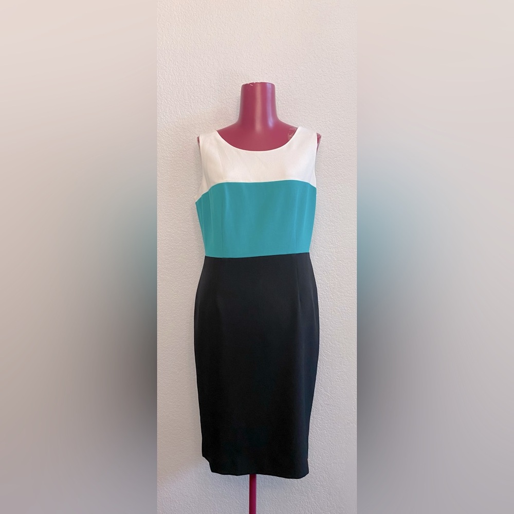 Kasper White and Blue Sheath Midi Dress Scoop Neck Work